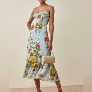 Reformation Enya Dress | Blue Floral Midi Dress | Size 6